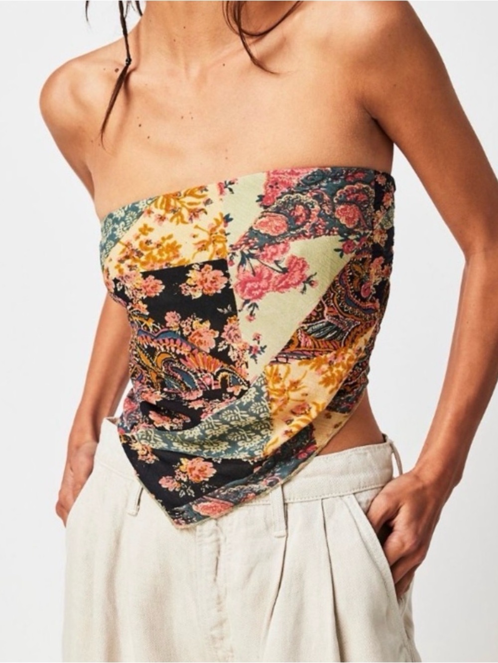 Free People Patchwork Floral Crop Top in Pink, Blue, Navy, Yellow